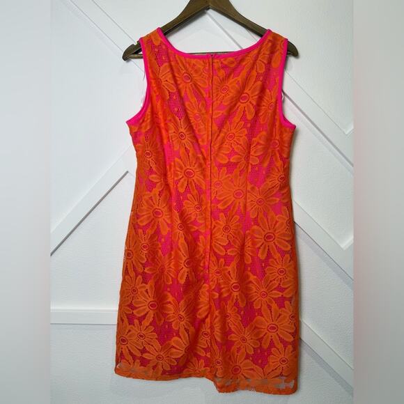 NWT Karin Stevens Sleeveless Pink Shift Dress With Orange Lace Overlay Size 16 - Picture 3 of 8